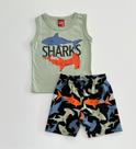 Conjunto 1/8 Kyly Infantil Verde Regata Tubarões e Bermuda Listrada