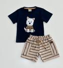 Conjunto 1/8 Milon Camiseta Azul Bordado Cachorro e Bermuda Bege Listrada