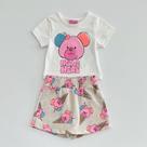 Conjunto 1/8 Momi Blusa Ursinho e Shorts Saia Bege