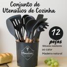 Conjunto 12 Peças Cozinha Silicone Cabo Madeira Preto