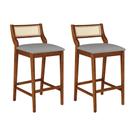 Conjunto 2 Banquetas Lagum Jequitibá Natural Assento Linho Cinza Encosto Palha Sextavada