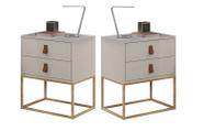 Conjunto 2 Criados Estilo Industrial Com Puxadores De Couro E Base De Metal Dourado