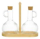 Conjunto 2 Galheteiros Vidro Suporte Bambu Azeite Vinagre Cozinha