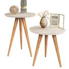 Conjunto 2 Mesa Tampo Redondo Mesinha Madeira de Apoio e Lateral de Sofá Sala Estar Decoração Escritório Pés Palito Retrô - Offwhite