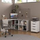 Conjunto 2 Peças com Escrivaninha em L e Gaveteiro Bit Organizador com Chave 4 Gavetas 8 Nichos 135cm Branca