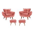 Conjunto 2 Poltronas + 2 Puff Opala Luxo com Pés Estilo Retrô - Rosa