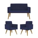 Conjunto 2 Poltronas Decorativas Nina e 1 Namoradeira Pés Palito Suede Azul Marinho VictoriaDecor