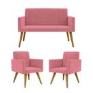 Conjunto 2 Poltronas Decorativas Nina e 1 Namoradeira Pés Palito Suede Rosa DecorArt