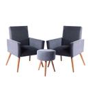 Conjunto 2 Poltronas Decorativas Nina e 1 Puff Redondo Pés Palito Suede Cinza Moraes Decor