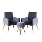 Conjunto 2 Poltronas Decorativas Nina e 1 Puff Redondo Pés Palito Suede Cinza VickyDecor