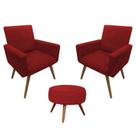 Conjunto 2 Poltronas Decorativas Nina e 1 Puff Redondo Pés Palito Suede Marsala Moraes Decor