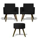 Conjunto 2 Poltronas Decorativas Nina e 1 Puff Redondo Pés Palito Suede Preto VictoriaDecor