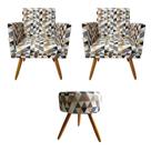 Conjunto 2 Poltronas Decorativas Nina e 1 Puff Redondo Pés Palito Suede Triângulo Bege Moraes Decor