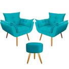 Conjunto 2 Poltronas Decorativas Opala e 1 Puff Redondo Pés Palito Suede Azul Tifany VickyDecor