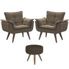 Conjunto 2 Poltronas Decorativas Opala e 1 Puff Redondo Pés Palito Suede Vicky Decor