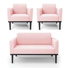 Conjunto 2 Poltronas e 1 Namoradeira Decorativa Isabella Pés Fixo em Madeira Preto Suede Rosa Bebê G19 - Gran Belo