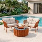 Conjunto 2 Poltronas e Mesa de Centro Cervejeira Aço e Corda Náutica Terracota Harpia Tecido Bege Conjunto 2 Poltronas e Mesa de Centro Cervejeira Aço e Corda Náutica Terracota Harpia Tecido Bege