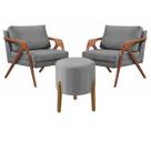 Conjunto 2 Poltronas Mona Decorativa e 1 Puff Thor Estofado Base Madeira Maciça Linho Cinza