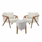 Conjunto 2 Poltronas Mona Decorativa e 1 Puff Thor Estofado Base Madeira Maciça Linho Cru