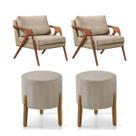 Conjunto 2 Poltronas Mona Decorativa e 2 Puff Thor Estofado Base Madeira Maciça Linho Bege