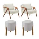 Conjunto 2 Poltronas Mona Decorativa e 2 Puff Thor Estofado Base Madeira Maciça Linho Cru