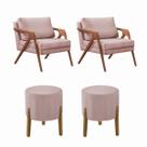 Conjunto 2 Poltronas Mona Decorativa e 2 Puff Thor Estofado Base Madeira Maciça Veludo Bege