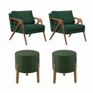 Conjunto 2 Poltronas Mona Decorativa e 2 Puff Thor Estofado Base Madeira Maciça Veludo Verde