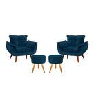 Conjunto 2 Poltronas Opala com 2 Puff Redondo Luxo com Pés Estilo Retrô - Azul Marinho