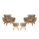 Conjunto 2 Poltronas Opala com 2 Puff Redondo Luxo com Pés Estilo Retrô - Bege Claro