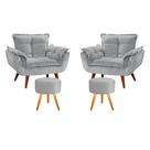 Conjunto 2 Poltronas Opala com 2 Puff Redondo Luxo com Pés Estilo Retrô - Cinza Claro