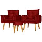 Conjunto 2 Poltronas Para Sala Decorativa Opala e Puff Redondo Suede Vermelho Escuro Arapol