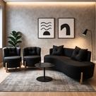 Conjunto 2 Poltronas + Sofá Curvo Orgânico Luna Boucle Preto Pés de Madeira - Montanaris Decor