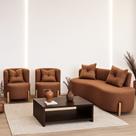 Conjunto 2 Poltronas + Sofá Curvo Orgânico Luna Boucle Terracota Pés de Madeira - Montanaris Decor