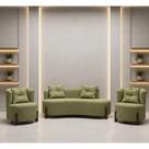 Conjunto 2 Poltronas + Sofá Curvo Orgânico Luna Boucle Verde Oliva Pés de Madeira - Montanaris Decor