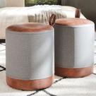 Conjunto 2 Puff Euro redondo para quarto ou sala com detalhes em couro - Cinza com Marrom