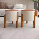 Conjunto 2 Puff Luma redondo com assento em couro e pés em madeira maciça - Bege com Marrom