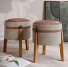 Conjunto 2 Puff Rest com detalhe em couro moderno redondo pés em madeira maciça - Bege com Marrom