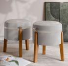 Conjunto 2 Puff Rest com pés em madeira maciça e detalhes em couro moderno redondo - Cinza com Bege