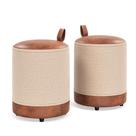 Conjunto 2 Puffs Redondos Bege Linho e material sintético, Suporta 120KG Euro