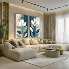 Conjunto 2 Quadros Decorativos com Moldura Caixa Floral Azul Gold para Sala, Escritorio, Hall Cozinha
