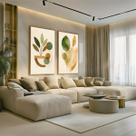 Conjunto 2 Quadros Decorativos com Moldura Caixa Folhas Abstrato para Sala, Escritorio, Hall Cozinha