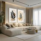Conjunto 2 Quadros Decorativos com Moldura Caixa Folhas Bege para Sala, Escritorio, Hall Cozinha