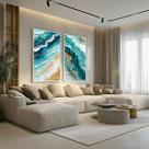 Conjunto 2 Quadros Decorativos com Moldura Caixa Praia Azul Abstrato para Sala, Escritorio, Hall Cozinha