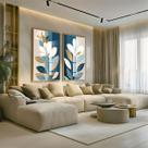 Conjunto 2 Quadros Decorativos com Moldura e Acrilico Cristal Vidro Floral Azul Gold Kit para Sala, Escritorio, Hall Cozinha