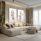 Conjunto 2 Quadros Decorativos com Moldura e Acrilico Cristal Vidro Flores Douradas Kit para Sala, Escritorio, Hall Cozinha