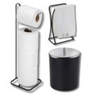 Conjunto 3 Peças Banheiro Lavabo Preto Fosco E Aço Inox Toalheiro Papeleira Lixeira 5 Litros