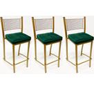 Conjunto 3 peças Banqueta Empilhável Alta para Bar cor Dourado Fosco assento veludo verde