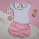Conjunto 3 Peças Bordado Buque de Flores Gola Boneca e Faixinha Look Completo Bebê Menina