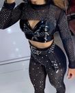 Conjunto 3 Peças Brilho Bolero Manga Longa, Cropped Vinil e Calça Transparente