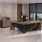 Conjunto 3 Peças com Mesa para Escritório Diretor em L Armário Baixo e Gaveteiro com Chave Tamburato Nogal Preto